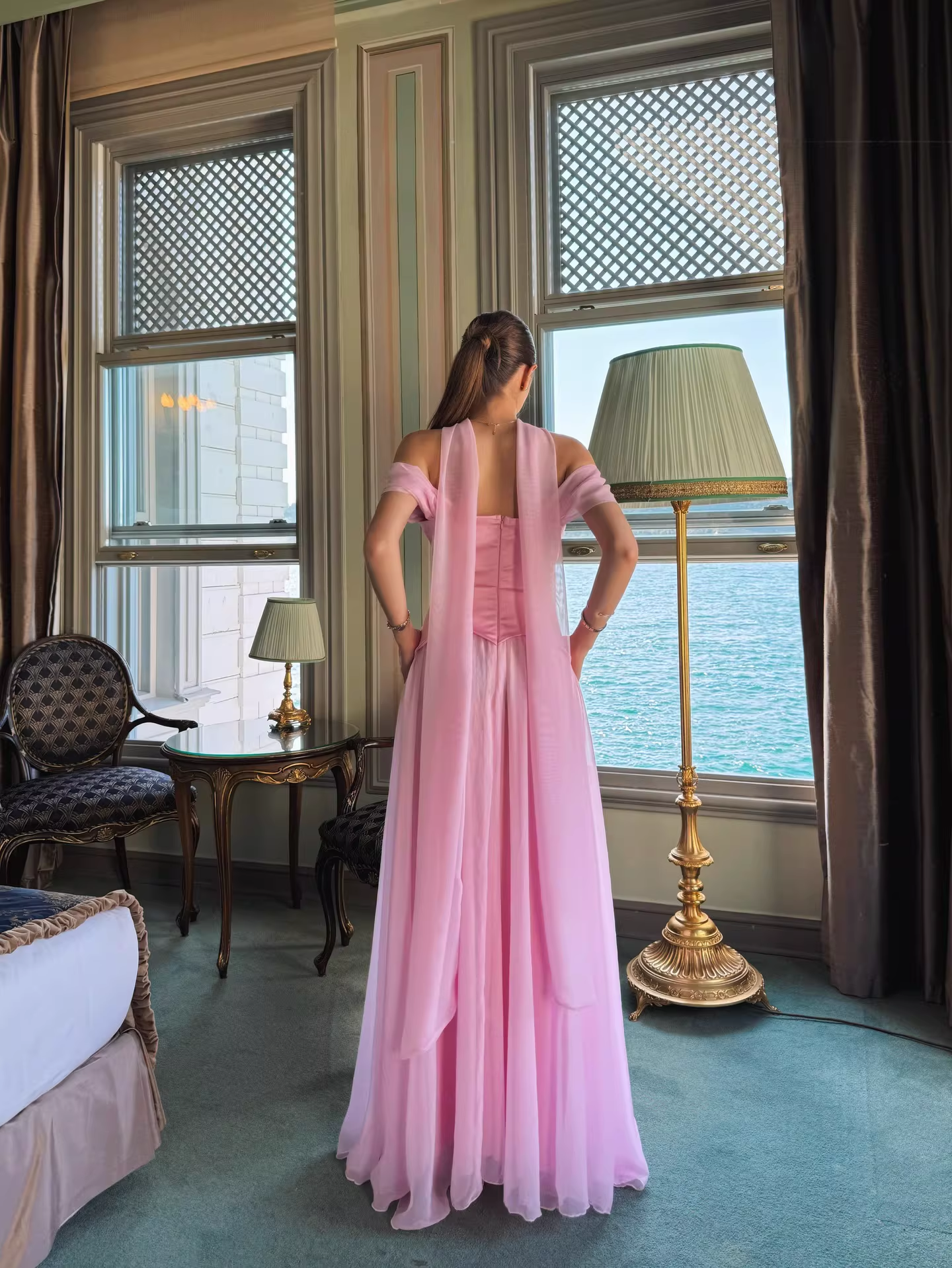 Vintage Off-the-Shoulder Satin & Chiffon Prom Dress Draped Neck Scarf Evening Gown DP8144