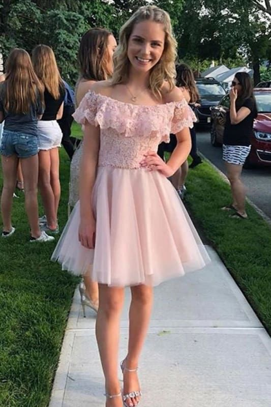 Vintage Pink Off-the-Shoulder Lace Tulle A-Line Homecoming Dress DP8541