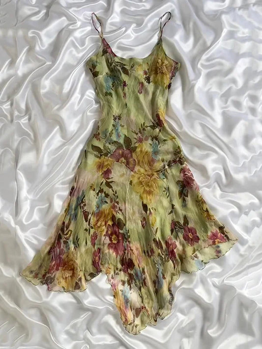 Vintage Floral Chiffon Spaghetti Strap Homecoming Dress Party Dress Cocktail Dress DP6675