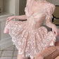 Cute Pink Lace Corset Puff Sleeve Mini Homecoming Dress Sweet Princess Formal Party Gown DP8257