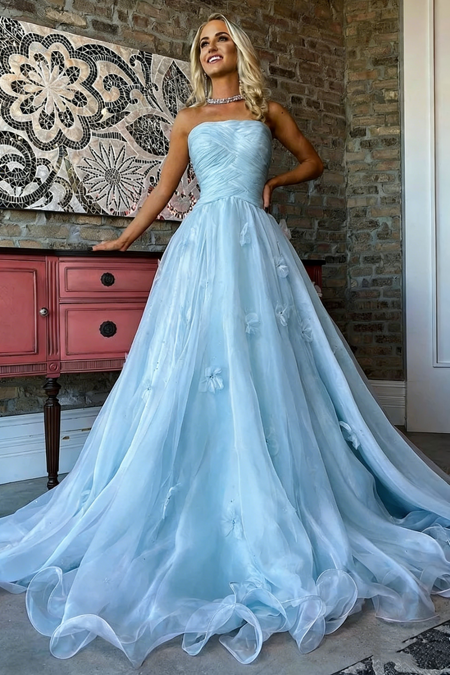 Vintage Pink Strapless Tulle Ball Gown 3D Floral Appliques Prom Dress DS2338