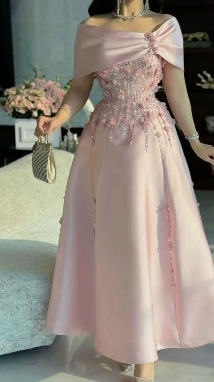 Elegant Pink Off-the-Shoulder Satin 3D Floral Beaded A-Line Evening Gown Party Dress DP8580