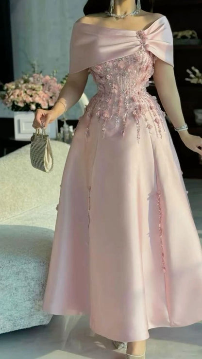 Elegant Pink Off-the-Shoulder Satin 3D Floral Beaded A-Line Evening Gown Party Dress DP8580