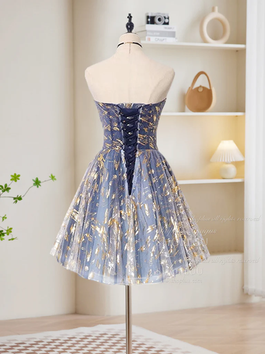 Retro Blue Sequin Strapless Design A-line Tulle Party Dress Homecoming Dress DP6062