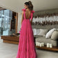Robe de bal vintage rose vif, col en V, longue robe de soirée plissée, coupe trapèze, dos nu, DP6575