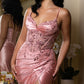 Elegant Lace Appliques Satin Spaghetti Strap Mermaid Evening Gown DP8161