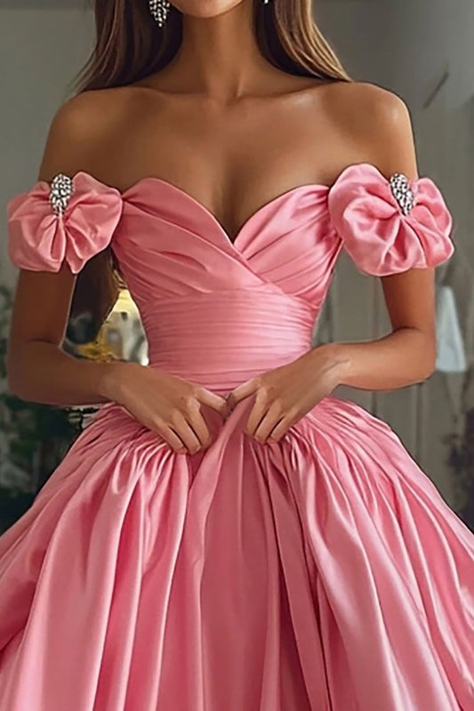 Glamouröses, schulterfreies, langes Ballkleid aus rosa Satin in A-Linie mit Herzausschnitt DP7014