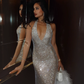 Robe de bal fourreau vintage à paillettes brillantes, col en V, robe de soirée longue et formelle, DP6609