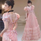 Vintage Pink Sequin Puff Sleeve A-Line Prom Dress Tiered Ruffle Hem Evening Gown DP8283