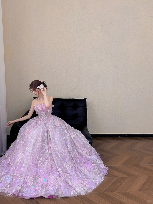 Sparkly Lavender Strapless 3D Floral Sequins Quinceanera Ball Gown DP8313
