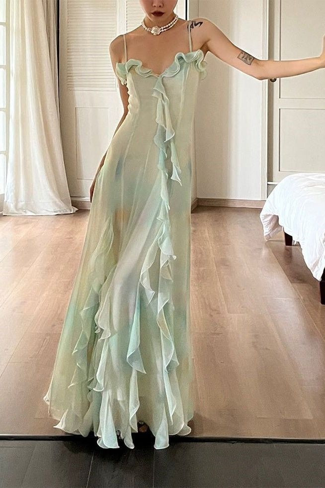 Vintage Mint Green Ombre Chiffon Maxi Prom Dress Ruffled Sweetheart Evening Gown DP8279