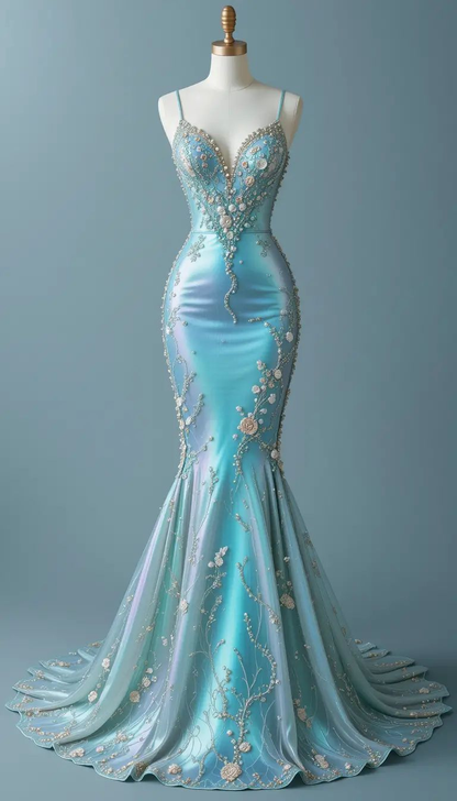 Elegant Mermaid Satin Sweetheart Rhinestone Beaded Spaghetti Strap Evening Gown DP7392