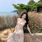 Simple Fashion Pink Floral Design A-line Beach Holiday Spaghetti Strap Dress, DP5939