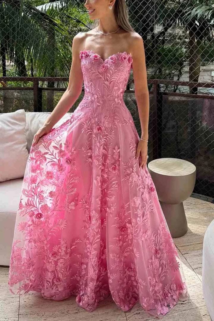 Elegant Pink 3D Floral Lace Strapless Ball Gown Sweetheart A-Line Prom Dress Evening Gown DP8188