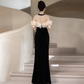 Glamorous Black Pearl Choker Ruffled Organza Sleeves Prom Dress DP7522