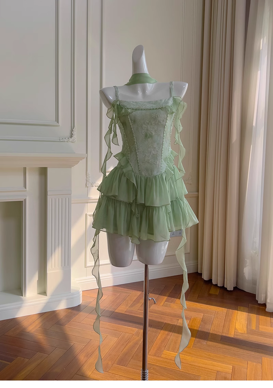 Chic Green Appliqued Ruffled Hem Design A-line Spaghetti Strap Party Dresses Homecoming Dresses, DP5805