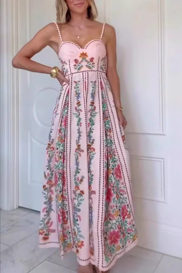 Gorgeous Pink Floral Embroidered Beaded Spaghetti Strap Sweetheart Maxi Prom Dress DP8235