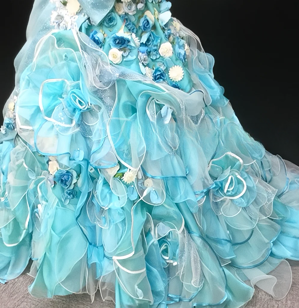 Robe de bal glamour turquoise sans bretelles, ornée d'appliqués floraux 3D et de volants en tulle, idéale pour les 16 ans (Quinceañera) DP7271