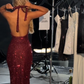 Vintage Burgundy Glittering Sequin Prom Dress Sheath Evening Dress Halter-neck Party Dress Long Formal Dress DP6873