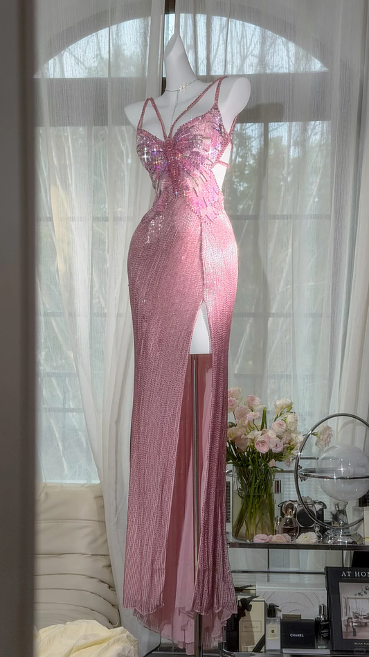 Glamorous Pink Butterfly Beaded Strappy Maxi High Slit Evening Dress Prom Dress DP8121