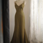 Glamorous Olive Green Satin Spaghetti Strap Deep V-Neck Mermaid with Train Prom Dress DP7651
