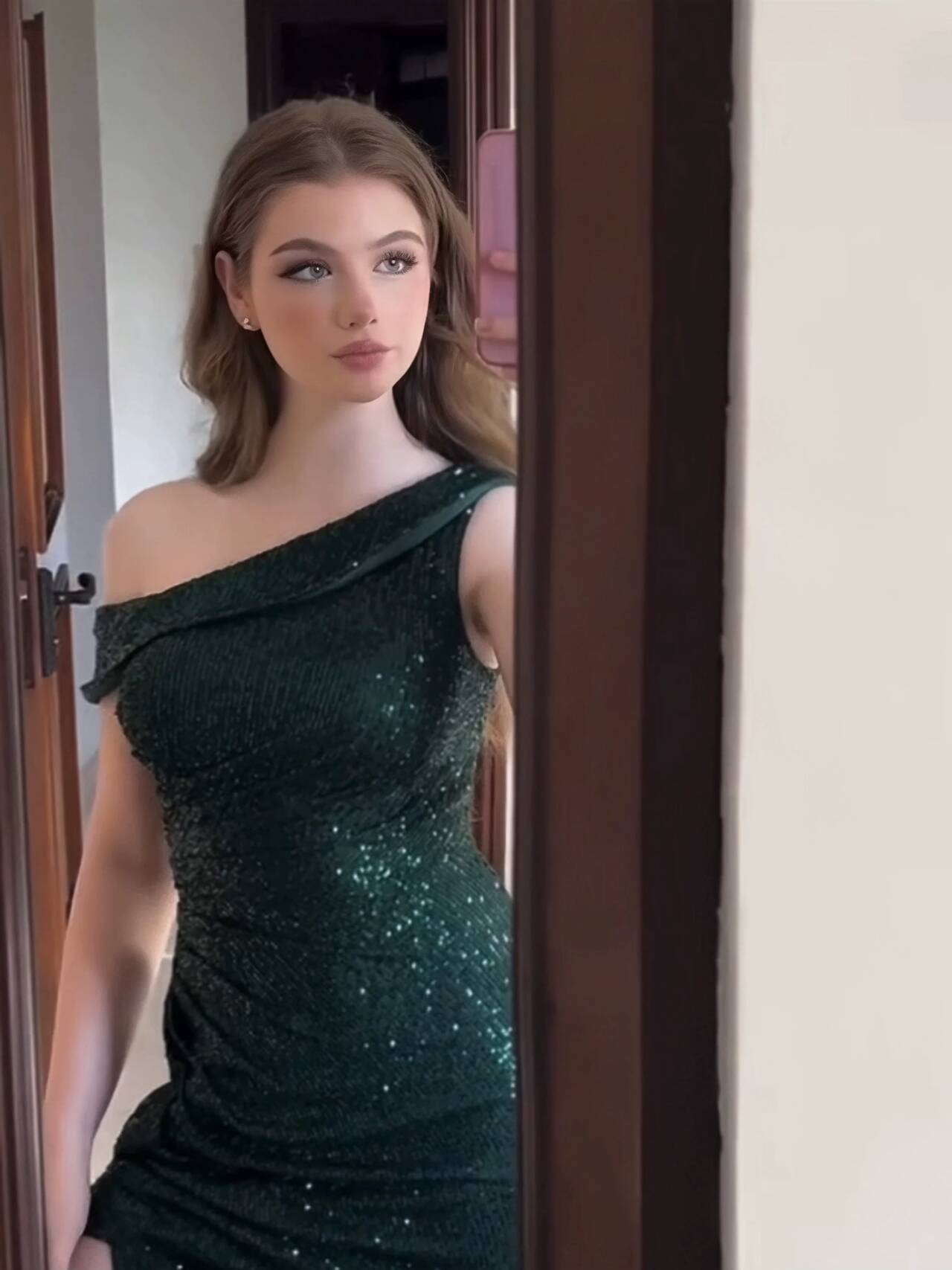 Green Off Shoulder Sequins Sheath Long Formal Party Dress with Split DP3836