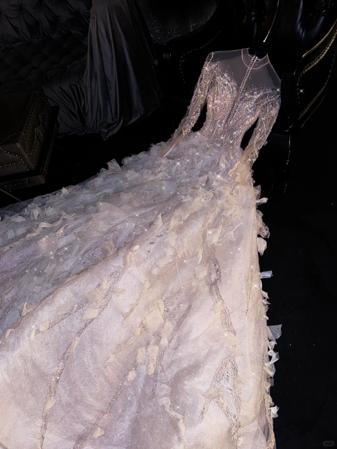 Glamorous Champagne Sequin Tulle Beaded 3D Floral Long Sleeve Sparkling Wedding Dress DP7329