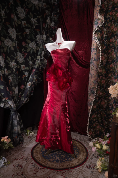 Vintage Red Strapless Mermaid Evening Gown 3D Rose Floral Appliques Prom Dress DP8338