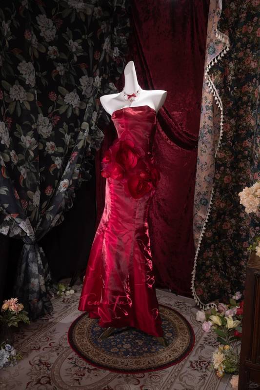 Vintage Red Strapless Mermaid Evening Gown 3D Rose Floral Appliques Prom Dress DP8338