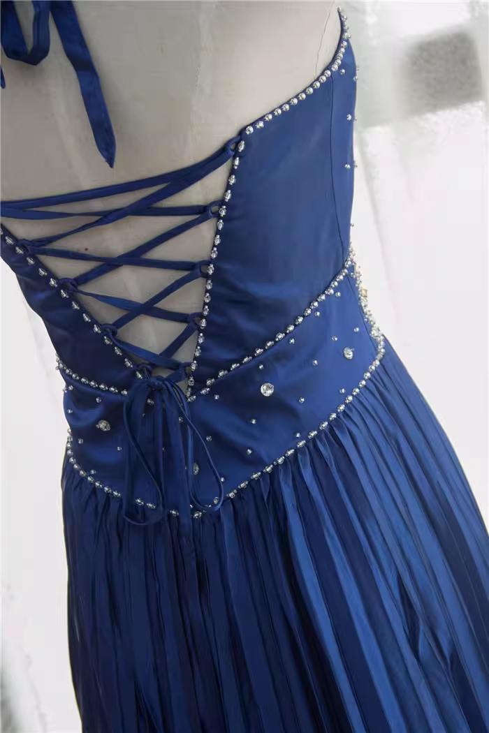 Vintage Navy Blue Halter-Neck Evening Gown Beaded Bodice Pleated Satin Floor-Length Prom Dress DP7608