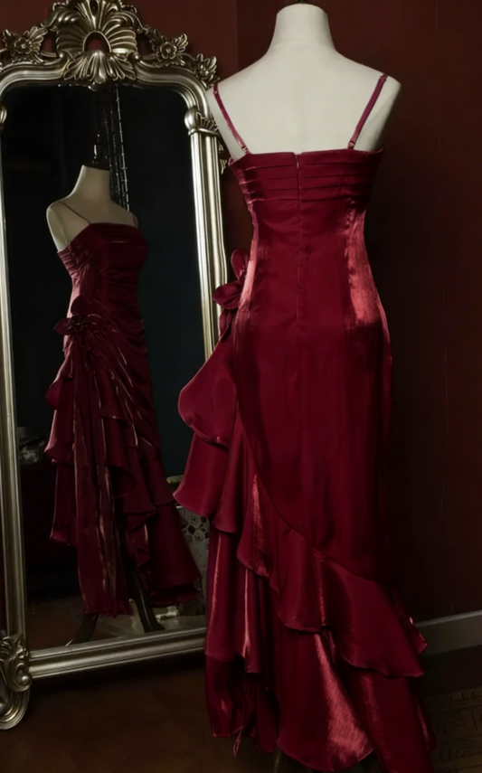 Elegant Satin Spaghetti Straps Ruffle 3D Floral Evening Gown Asymmetrical Hem Long Prom Dress DP3137