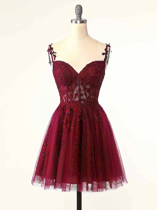 Vintage Burgundy Applique Sweetheart Spaghetti Strap Design A-line Tulle Party Dress Homecoming Dress DP6064