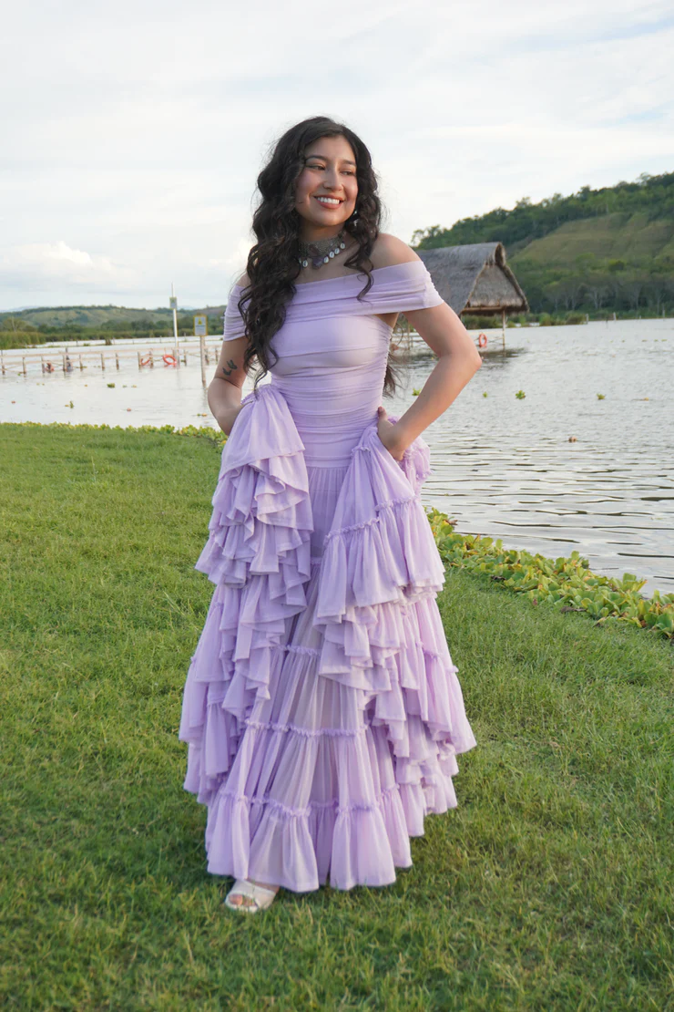 Elegant Lavender Off-the-Shoulder Tiered Tulle A-Line Prom Dress DP8457