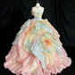 Unique Pastel Rainbow Strapless 3D Floral Applique Ruffled Layers Sweet 16 Quinceanera Ball Gown DP7273