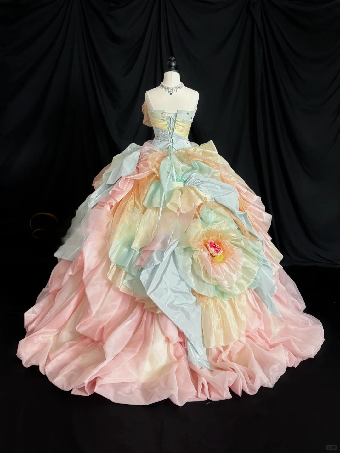 Unique Pastel Rainbow Strapless 3D Floral Applique Ruffled Layers Sweet 16 Quinceanera Ball Gown DP7273