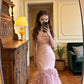 Elegant Blush Pink Satin Mermaid 3D Floral Tulle Evening Gown Prom Dress DP8170