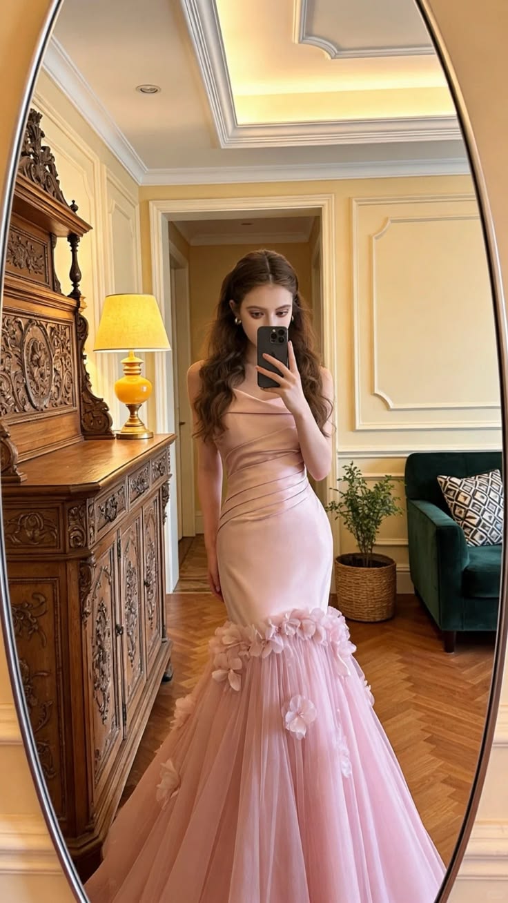 Elegant Blush Pink Satin Mermaid 3D Floral Tulle Evening Gown Prom Dress DP8170