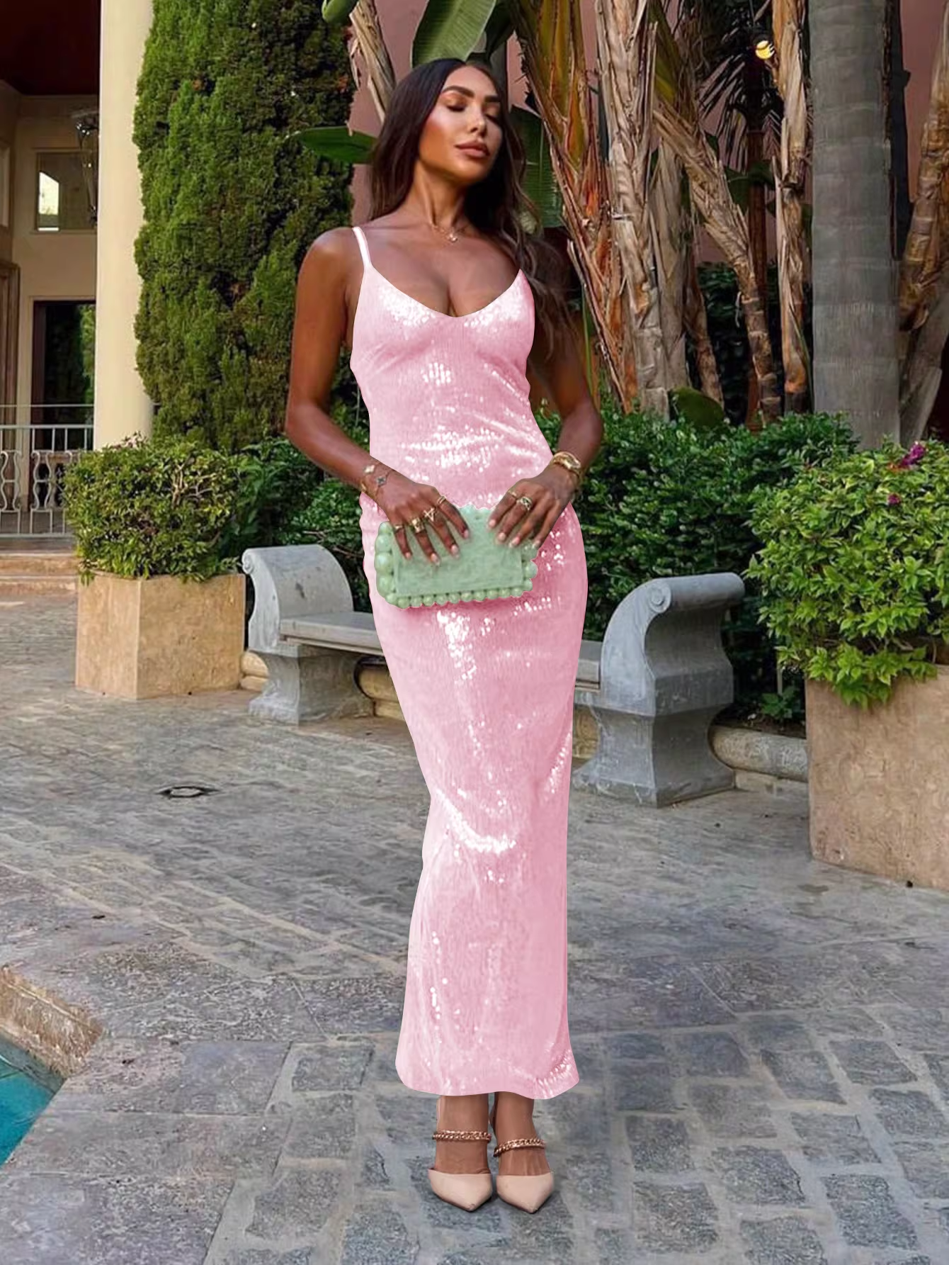 Vintage Sequin Spaghetti Strap Bodycon Evening Dress DP8077