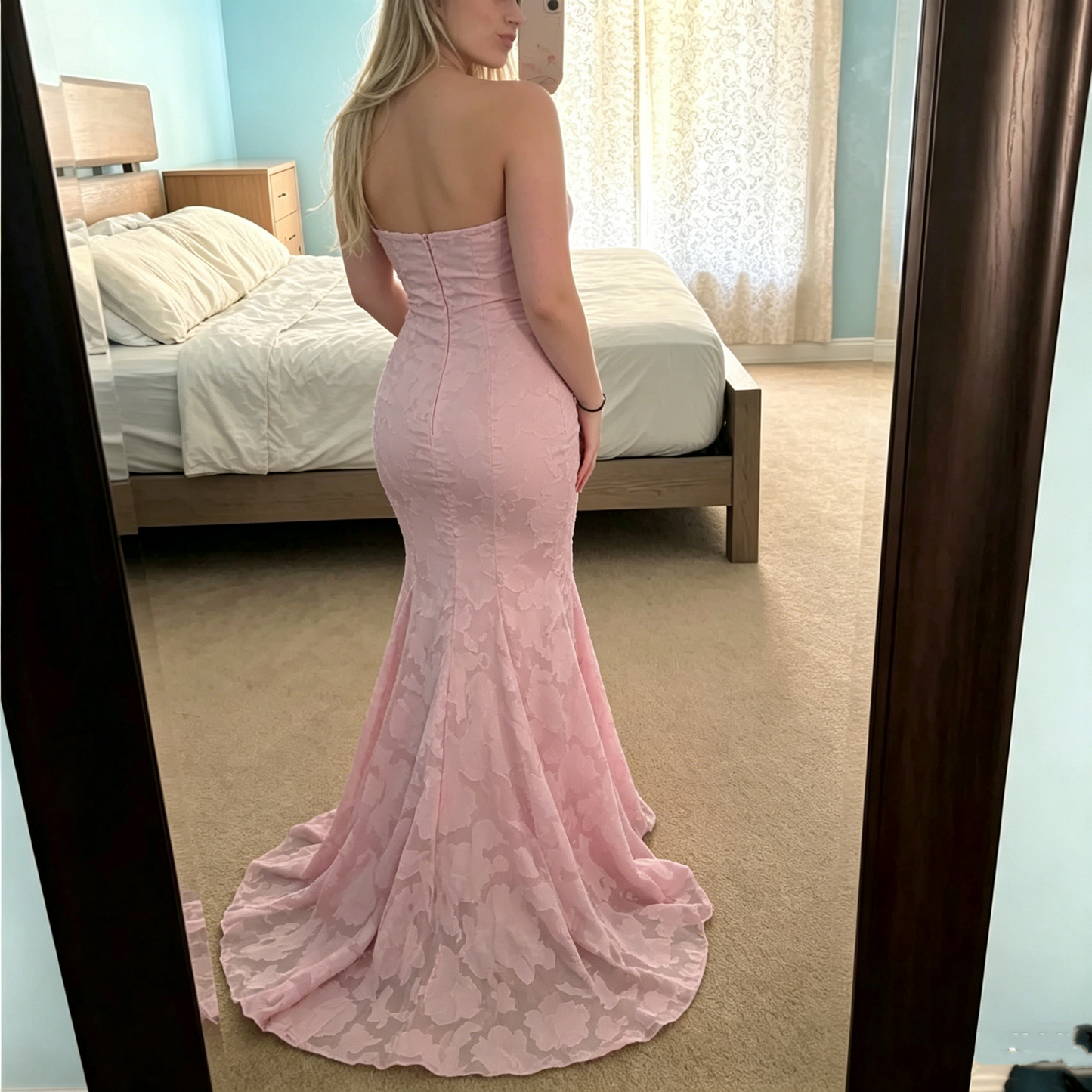 Elegant Pink Floral Jacquard Strapless Mermaid Prom Dress DP8465
