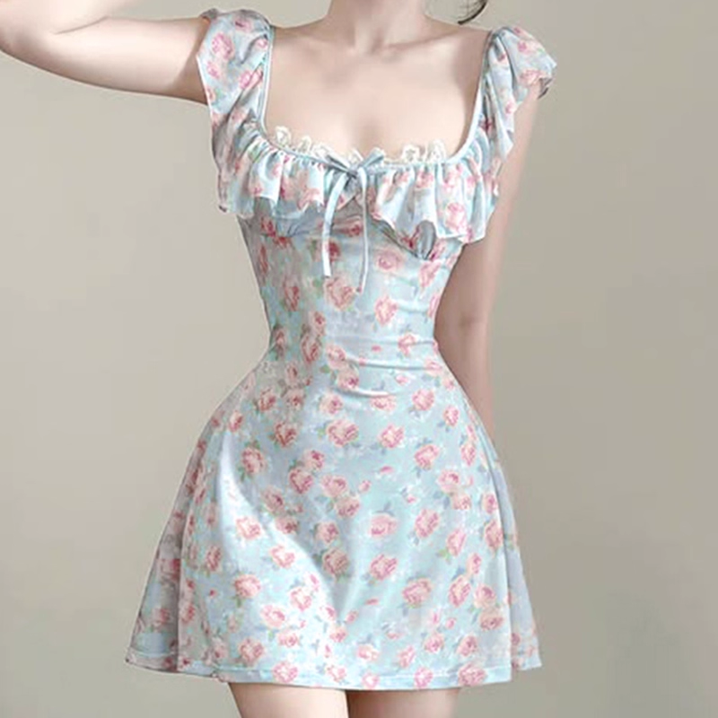 Cute Light Blue Floral Square-neck A-Line Short Summer Dresses Party Dress Homecoming Dress DP6343