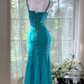 Vintage Shiny Beaded Blue Spaghetti Strap Mermaid Prom Dress Evening Dress DP6353