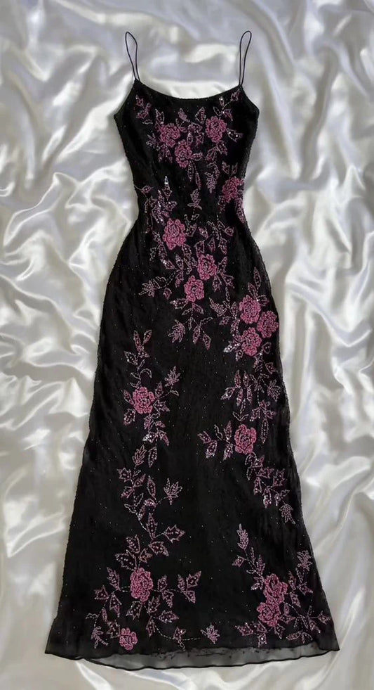 Retro Floral Exquisite Bestickte Spaghettiträger A-Linie Ballkleid Partykleid Abendkleid DP6470