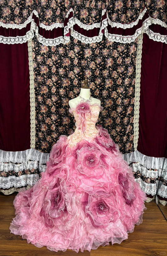 Rosa Quinceanera-Kleid mit 3D-Blumen und Perlen, Abend- und Ballkleid, DP6267