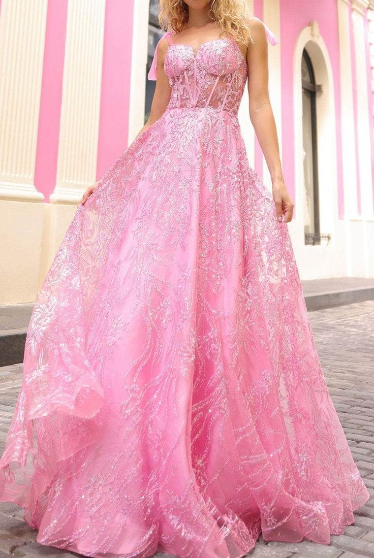 Elegant Pink Sparkle Sequin Lace Ball Gown Sweetheart A-Line Prom Dress Tie Straps Evening Gown DP8190