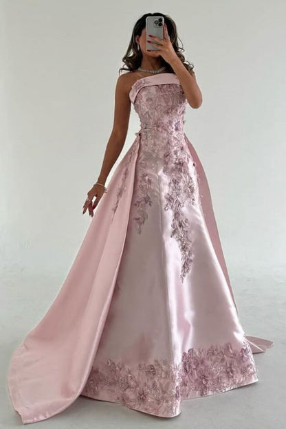 Vintage Blush Strapless Satin Evening Gown Floral Embroidery Train Formal Prom Dress DP7576