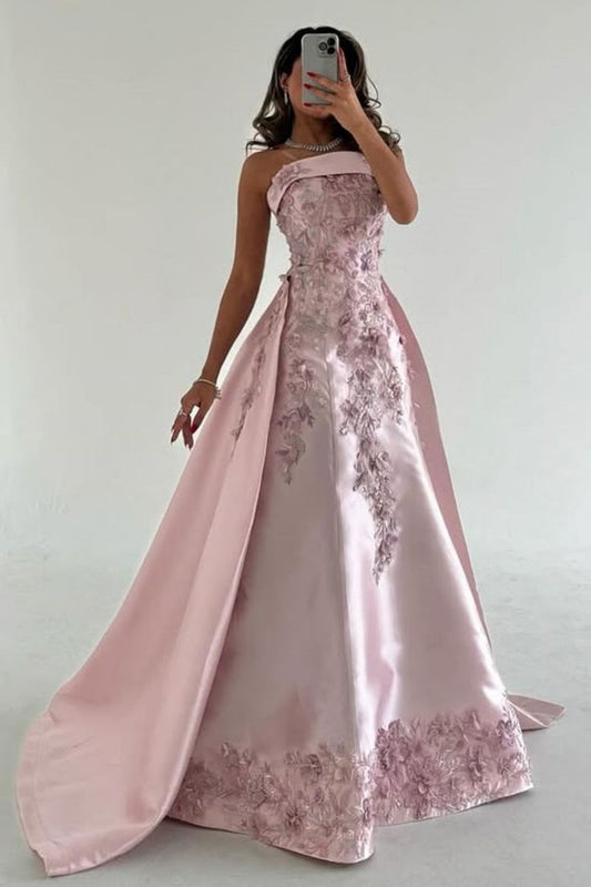 Robe de soirée bustier vintage en satin rose poudré avec broderies florales et traîne, robe de bal formelle DP7576