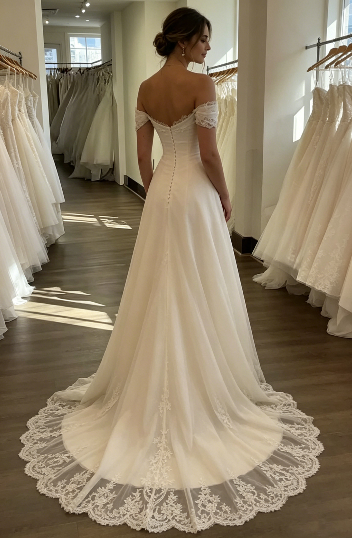 Klassisches schulterfreies A-Linien-Brautkleid mit Spitze DP8433