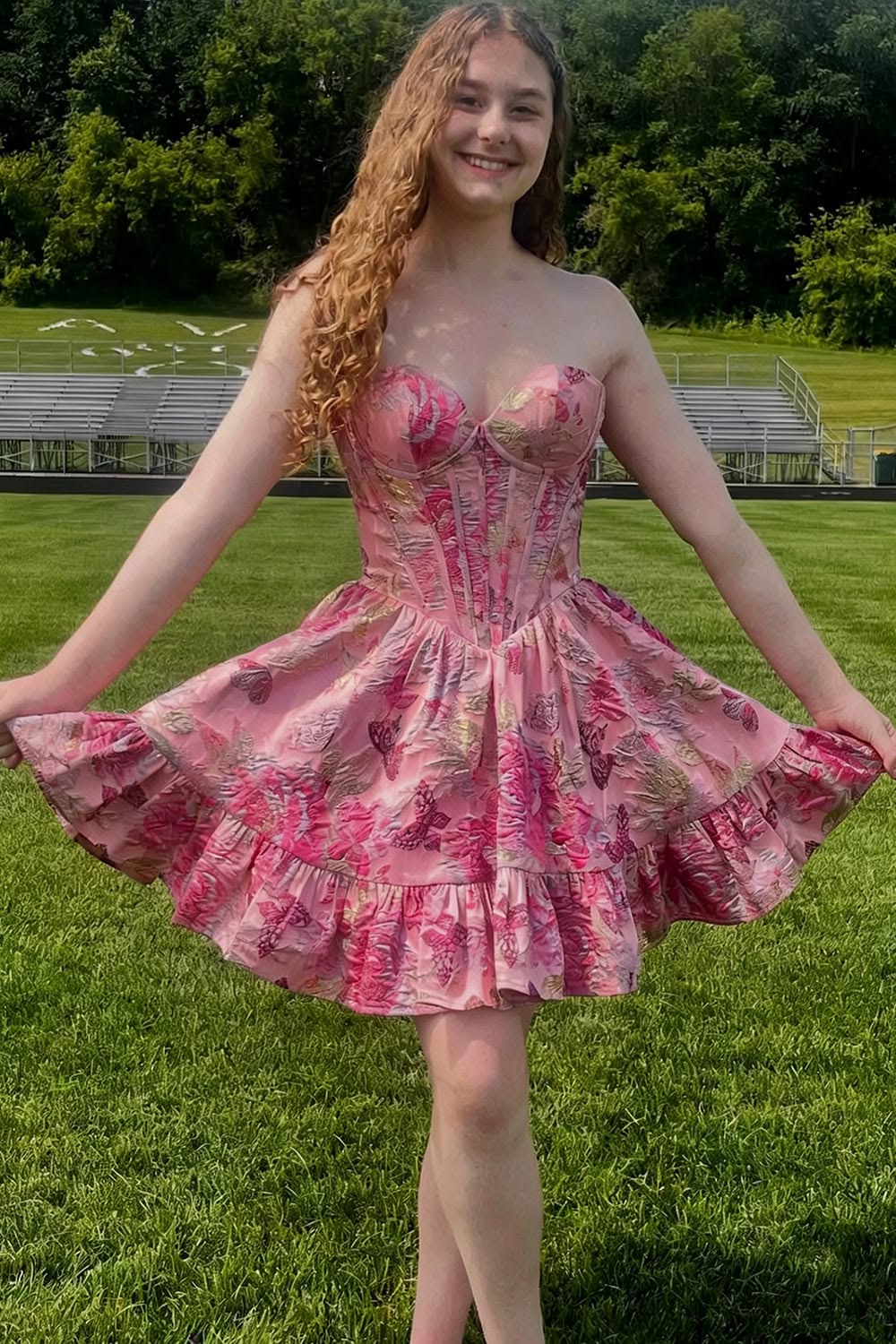 Vintage Pink Strapless Sweetheart Ruffle Floral A-Line Homecoming Dress DP8544