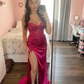 Robe de soirée longue fourreau en satin rose à col en cœur et perles, DP4535