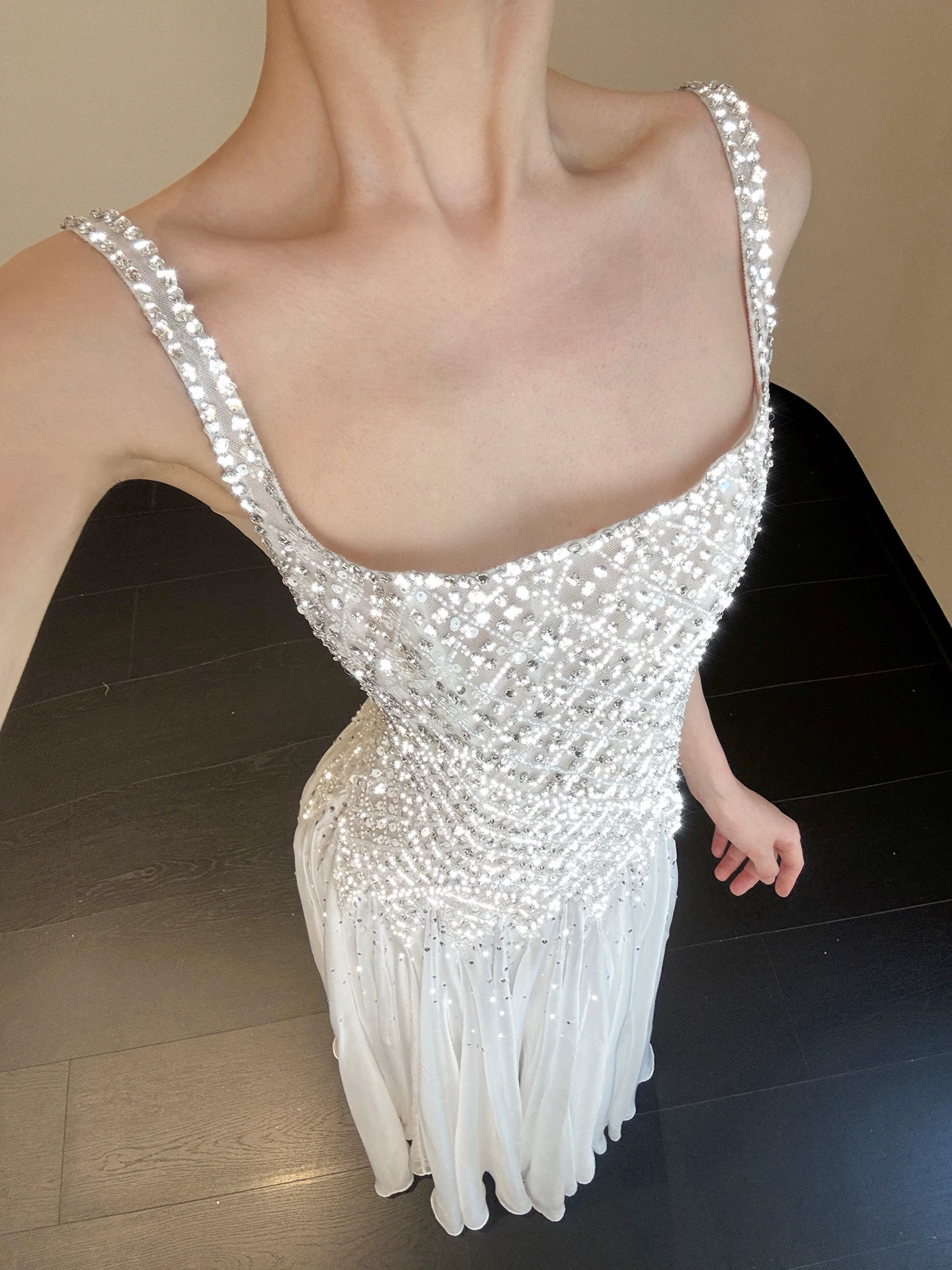 Elegant Ivory Square Neck Beaded Spaghetti Strap A-Line Chiffon Layered Prom Dress DP8570
